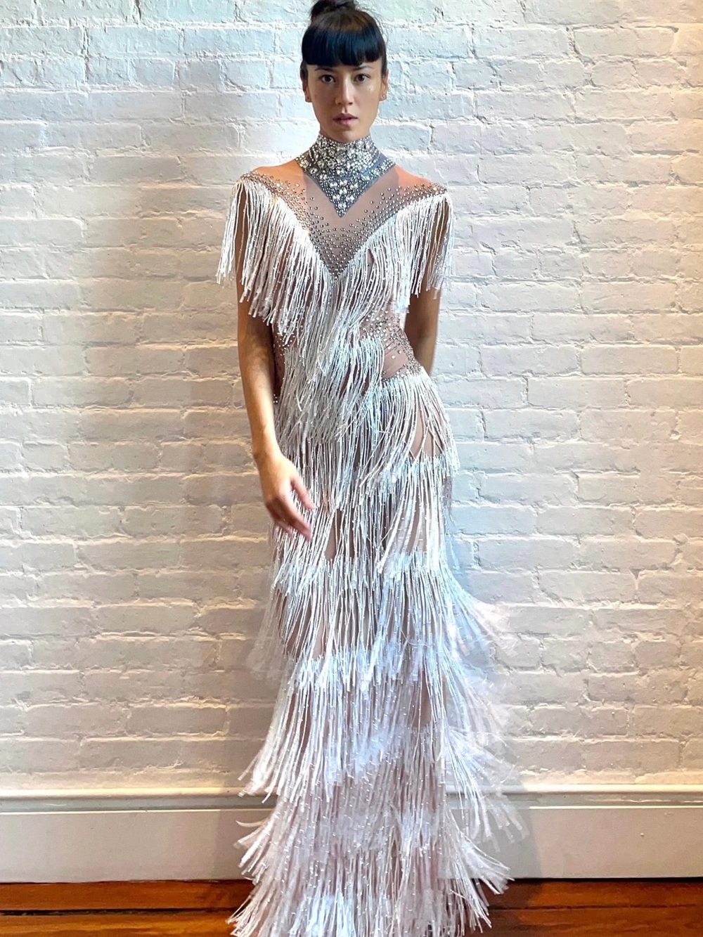 HarmoniaNY - Elegant Silver Fringe Evening Gown - Sparkling High Neck Dress S/M